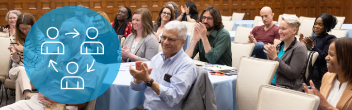 A diverse group of people sits and claps at tables in a conference room. A large blue circle with white network and connection icons overlays the left side of the image.