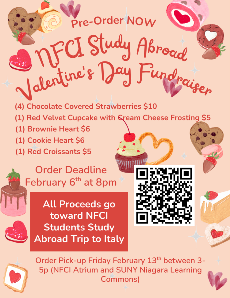 Valentine’s Day-themed flyer for the “NFCI Study Abroad Valentine’s Day Fundraiser.” Lists baked goods for sale, a QR code, pick-up details, and notes proceeds support the NFCI Study Abroad Trip to Italy. Decorations include hearts and desserts.