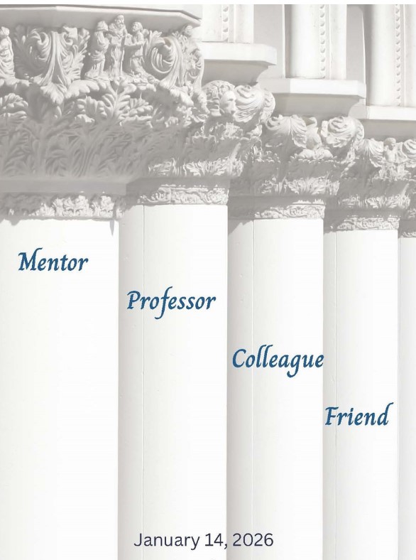 White columns with ornate capitals are labeled in blue text as Mentor, Professor, Colleague, and Friend. At the bottom, January 14, 2026 is written in gray. The image has a classical, academic feel.