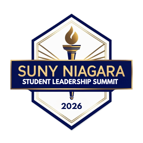 A hexagonal badge with a gold torch in the center and bold text reading SUNY NIAGARA Student Leadership Summit 2026 on a navy blue banner.