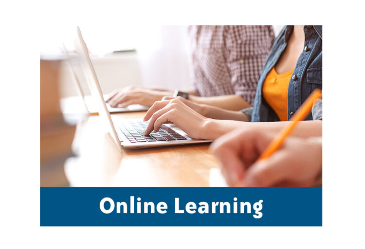 Two people sit at a desk using laptops, focused on their work. One person writes with a pencil. The image features the caption Online Learning on a blue banner at the bottom.