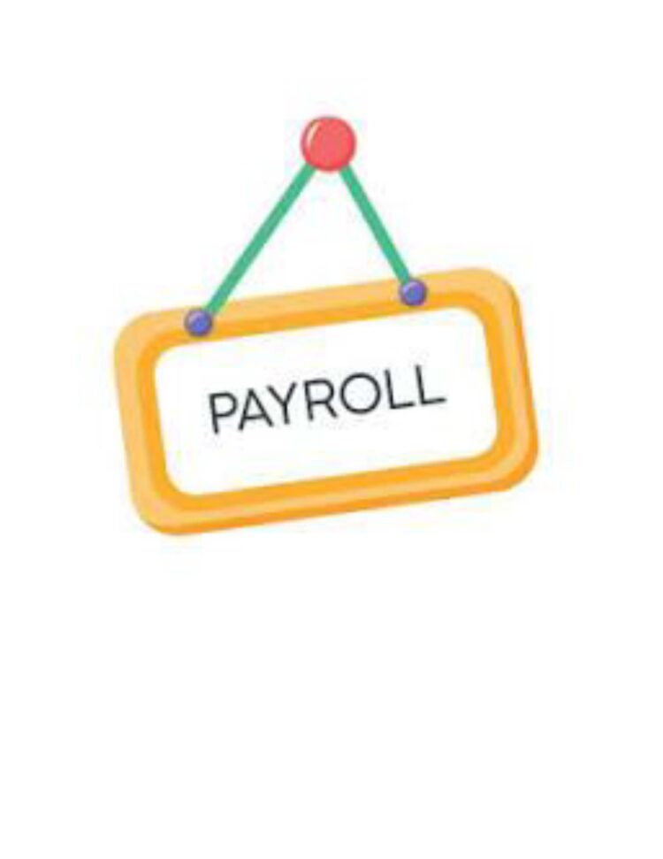 An orange sign with the word PAYROLL hangs from two green strings attached to a red nail against a white background.