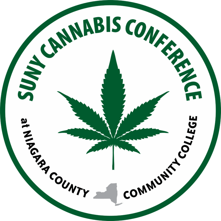 A circular logo with a green cannabis leaf in the center and the words SUNY Cannabis Conference at Niagara County Community College around the edge. A small outline of New York State is at the bottom.