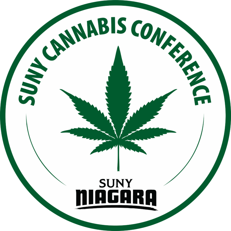Logo for the SUNY Cannabis Conference with a green cannabis leaf in the center. Text above reads SUNY CANNABIS CONFERENCE and below reads SUNY NIAGARA. All text is within a green circular border.