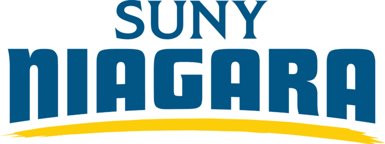 Logo with the words SUNY NIAGARA in bold blue letters; SUNY is above NIAGARA, with a yellow curved brushstroke underlining NIAGARA.