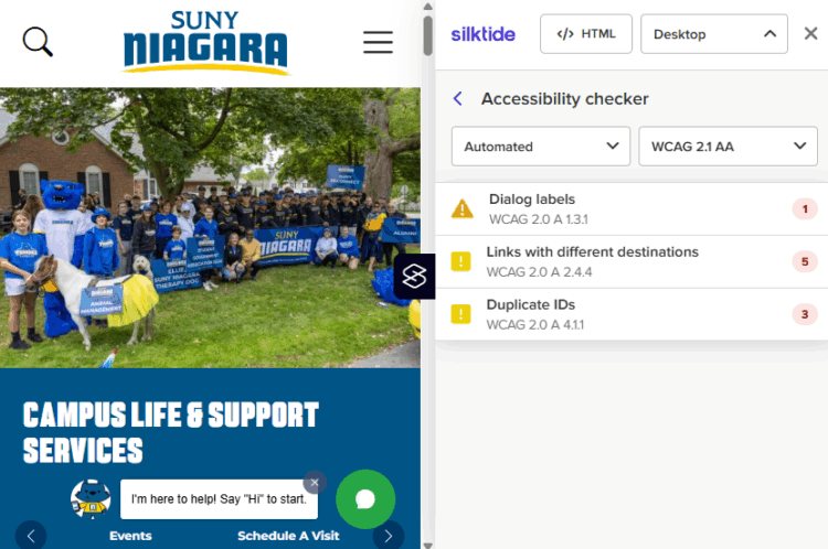 A group of people, including a mascot and a dog, pose outdoors holding SUNY Niagara signs. The left side shows the SUNY Niagara website, while the right side displays an accessibility checker with automated test results.