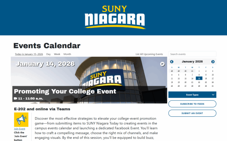 SUNY Niagara events calendar page for January 14, 2026, highlighting a Promoting Your College Event session from 11 to 11:50 a.m., with a SUNY Niagara building image and details on joining online via Teams.