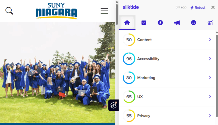 A group of graduates in blue gowns celebrate outdoors at SUNY Niagara. On the right, a website analysis shows scores for content (50), accessibility (96), marketing (80), UX (65), and privacy (55) from Silktide.