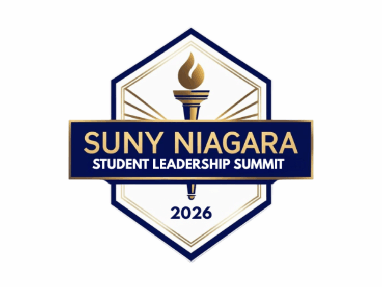A badge-style logo featuring a torch inside a hexagon with the text SUNY Niagara Student Leadership Summit 2026 in gold and navy blue.