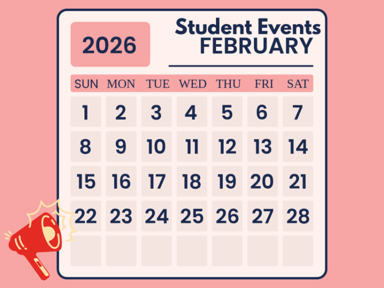 A February 2026 calendar titled Student Events is displayed on a pink background, with a red megaphone icon in the bottom left corner. Dates run from Sunday the 1st to Saturday the 28th.