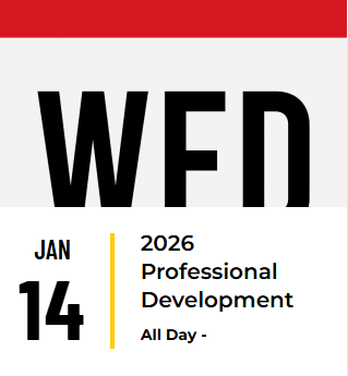 A calendar graphic for January 14, highlighting 2026 Professional Development as an all-day event. Large bold letters WFD are displayed at the top.