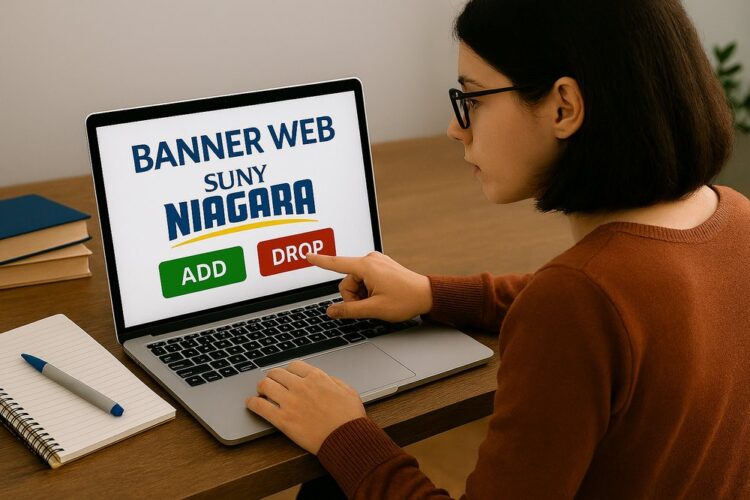 A person wearing glasses uses a laptop displaying a screen with the text BANNER WEB SUNY NIAGARA and large green ADD and red DROP buttons.