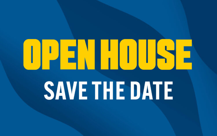 Bold yellow text reading OPEN HOUSE and white text below it saying SAVE THE DATE on a blue background with abstract dark blue shapes.