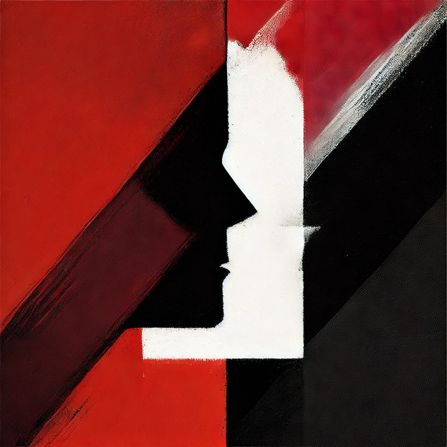 Abstract artwork featuring bold red, black, and white geometric shapes. A white silhouette in the center resembles a human profile, set against a background of diagonal red and black blocks and textured brush strokes.