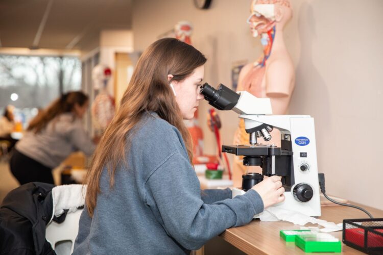 A student in a gray sweatshirt looks through a microscope at a classroom desk, with anatomical models and other students visible in the background.