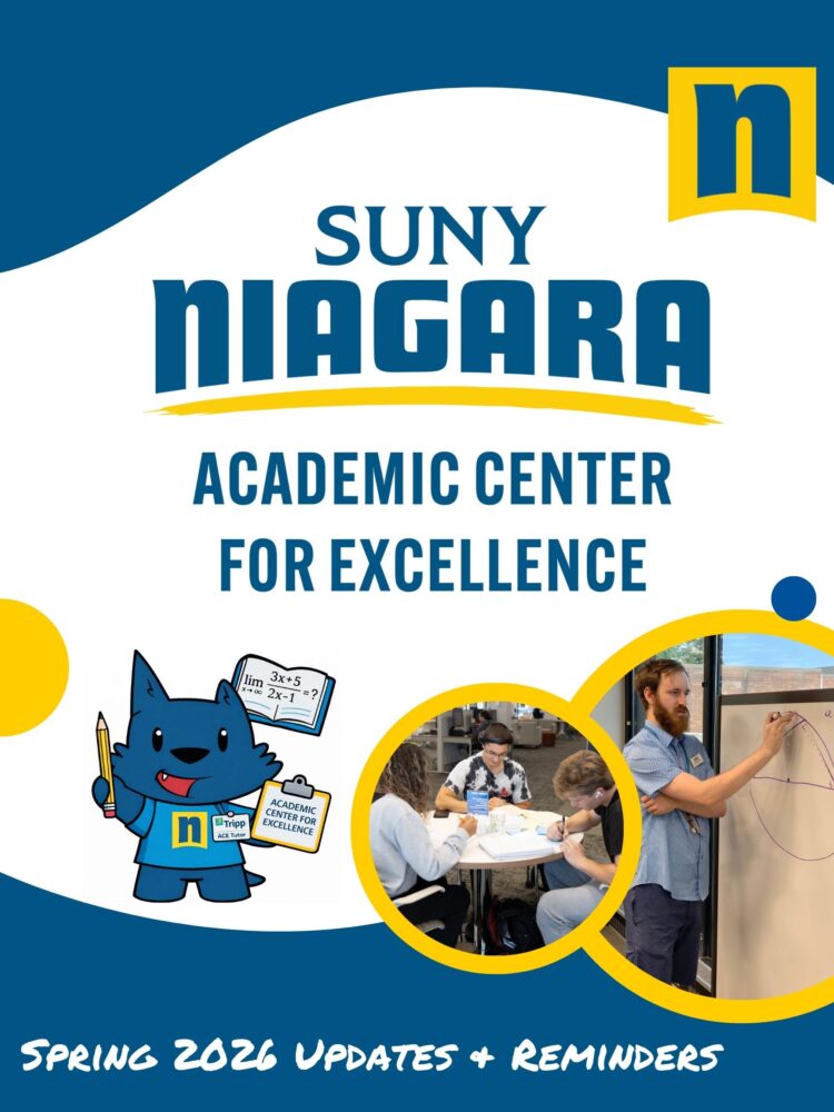 Promotional poster for SUNY Niagara Academic Center for Excellence with mascot holding math signs, students working together, a teacher writing on a whiteboard, and text reading Spring 2026 Updates + Reminders.