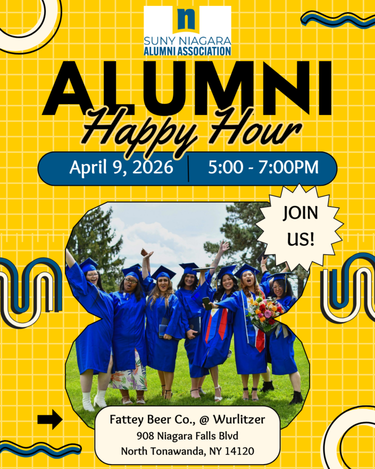 Flyer for SUNY Niagara Alumni Association’s Alumni Happy Hour on April 9, 2026, from 5-7 PM, featuring a group of graduates in blue gowns celebrating outside. Event at Fattey Beer Co., North Tonawanda, NY.