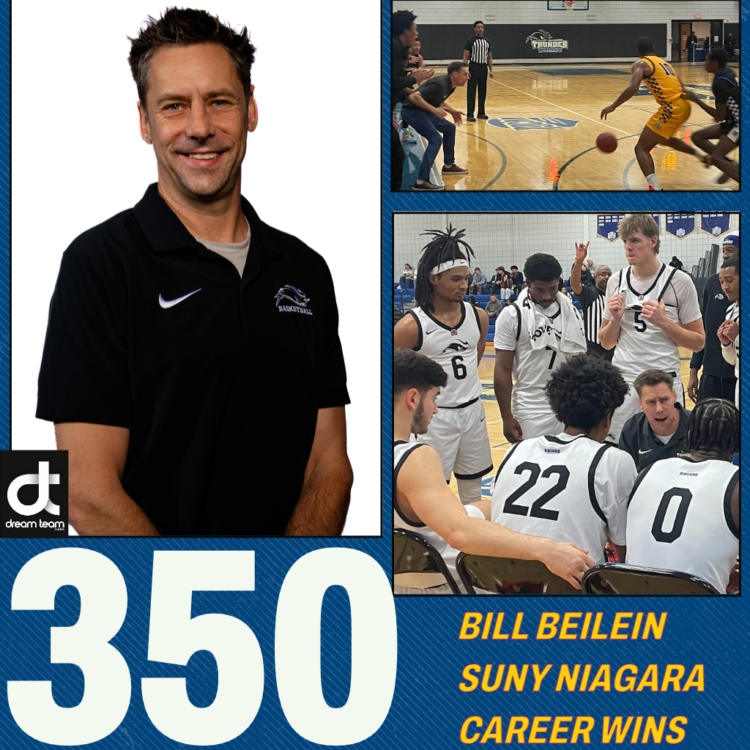 Collage featuring Bill Beilein smiling in a black polo, two basketball game/action photos, and bold text “350” with “Bill Beilein SUNY Niagara Career Wins” on a blue background.