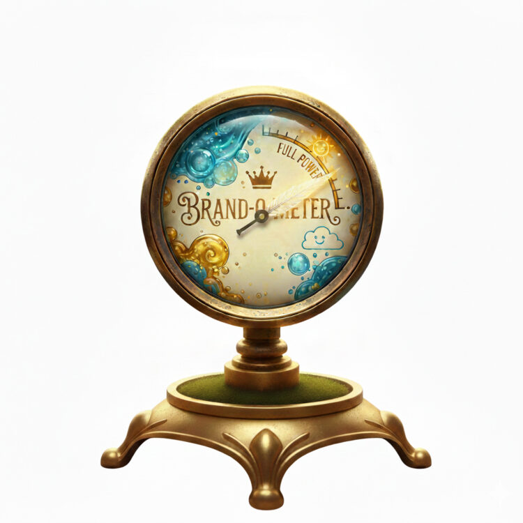 A whimsical gauge labeled Brand-O-Meter sits on a gold stand, with blue and gold decorative swirls and a crown at the top. The meters needle points toward the Full Power mark.