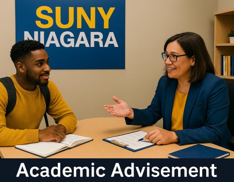 A student and an advisor sit at a desk talking, both with notebooks open. A sign behind them reads SUNY Niagara. The bottom text says Academic Advisement.