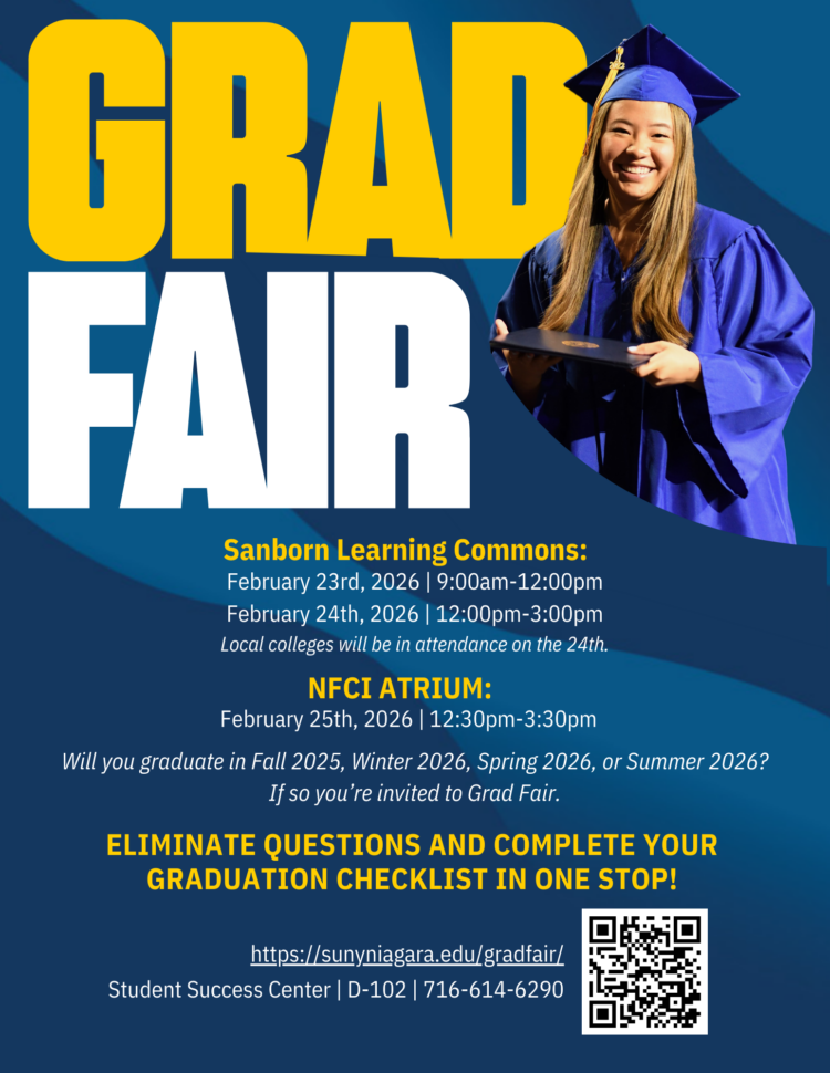 A smiling graduate in a cap and gown holds her diploma. Text reads “Grad Fair” with event dates, times, locations, and a QR code for details. The background is blue and yellow, with graduation information for SUNY Niagara.