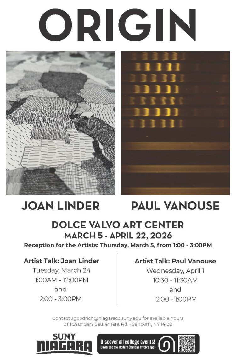 Poster for Origin at Dolce Valvo Art Center, featuring Joan Linder and Paul Vanouse, March 5–April 22, 2026, with artist talks listed; includes abstract artwork and SUNY Niagara event info.