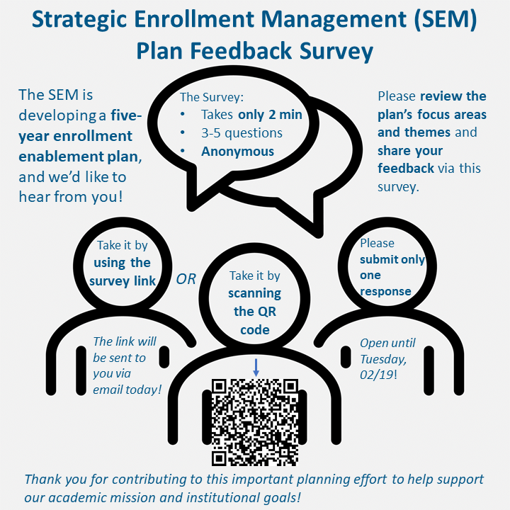 Informational flyer for the Strategic Enrollment Management Plan Feedback Survey, inviting participation via survey link or QR code, with brief details, instructions, and submission deadline of Tuesday, 02/19.