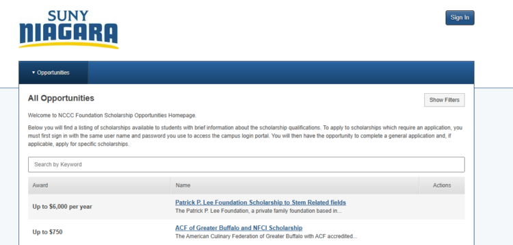 A webpage from SUNY Niagara lists scholarship opportunities, including awards up to $6,000 per year. Two scholarships and their descriptions are visible, with a Sign In button at the top right.