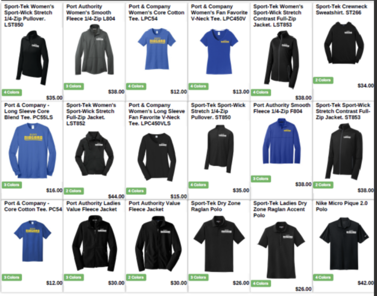 A grid display of various branded clothing items including polos, jackets, hoodies, and T-shirts in different styles and colors with prices ranging from $13.00 to $69.00.