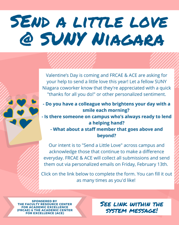 A colorful flyer titled Send a Little Love @ SUNY Niagara encourages faculty and students to send Valentines messages to colleagues. It includes hearts, text details about the initiative, and a sign stating, See link within the system message!.