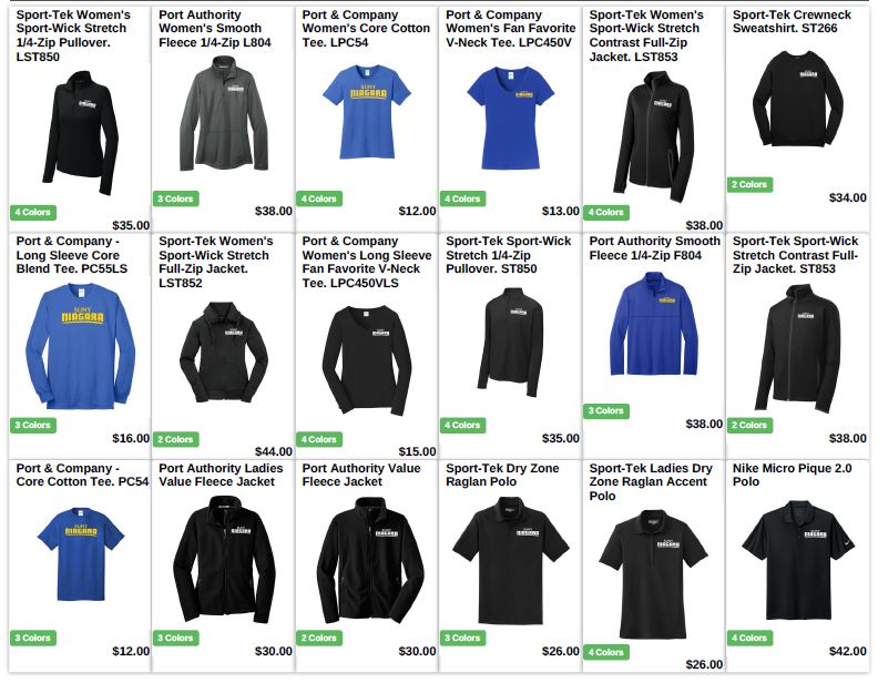 A grid showcasing various logo-embroidered apparel, including polos, jackets, pullovers, T-shirts, and sweatshirts in black, blue, and gray, with product names, prices, and descriptions displayed.