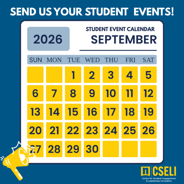 Graphic calendar for September 2026 with all dates highlighted in yellow, urging viewers to send in student events. Features a megaphone and the logo for the Center for Student Engagement & Leadership Innovation.