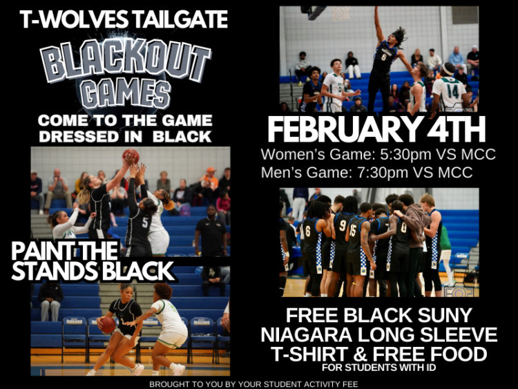 Event flyer with basketball players in action, promoting a T-Wolves Tailgate Blackout Games on February 4th. Attendees are encouraged to wear black, with free black SUNY Niagara shirts and food for students with ID.