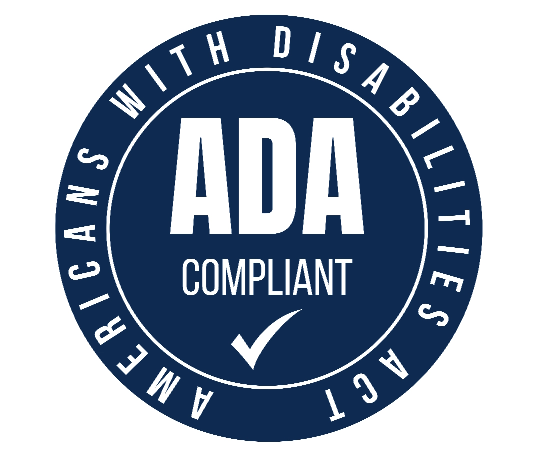 A circular blue badge with the words ADA Compliant in bold white text at the center, and Americans With Disabilities Act written around the edge with a white check mark below Compliant.