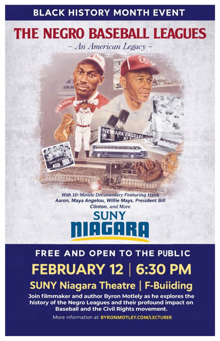 Event poster for The Negro Baseball Leagues: An American Legacy, showing illustrated players and memorabilia. Event is February 12, 6:30 PM at SUNY Niagara Theatre, free and open to the public.