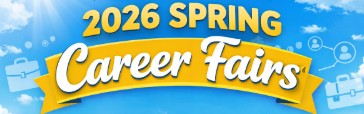 Banner with blue sky and clouds background, yellow and white text reading 2026 Spring Career Fairs, with icons of briefcases and network connections.