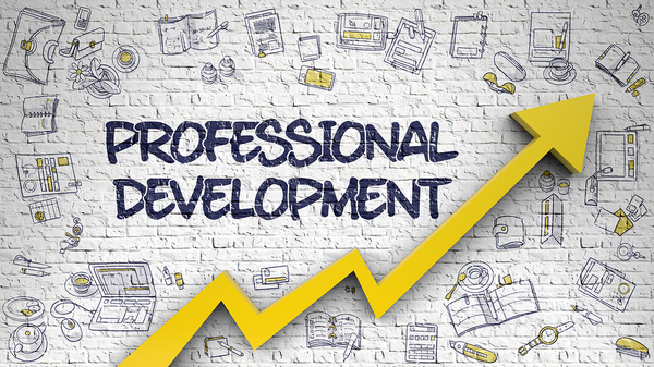 The words Professional Development are written on a white brick wall, surrounded by doodles of office supplies. A yellow arrow zigzags upward, symbolizing growth or progress.