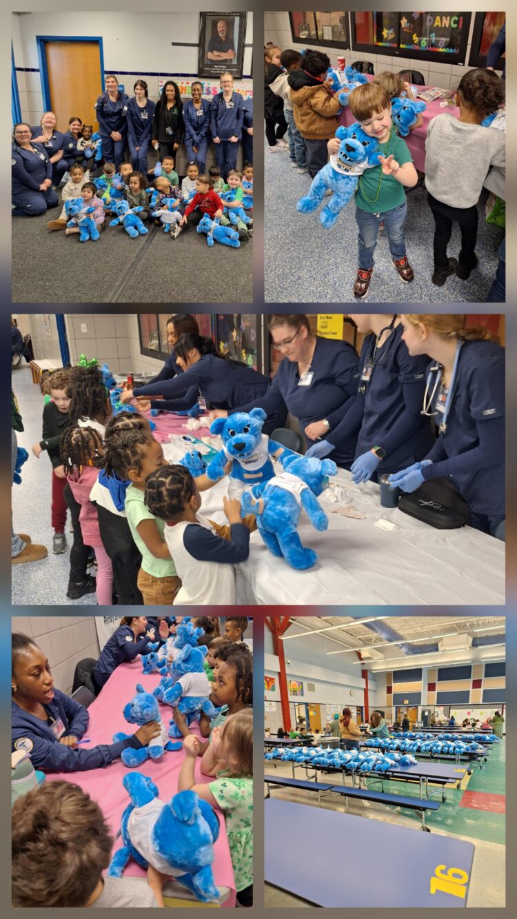 A collage shows children and adults interacting with blue teddy bears: group photos, kids receiving bears, adults helping kids wrap bears in bandages at tables, and rows of bears arranged on gym bleachers.