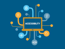 Illustration of a laptop with the word ACCESSIBILITY on its screen, surrounded by icons representing different accessibility needs such as vision, hearing, mobility, and cognitive support, all connected by lines.