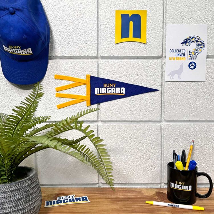 A workspace features SUNY Niagara merchandise: a blue hat, a triangular pennant, a mug, a sticker, and a pen. Theres a fern plant, a “n” logo, and a college branding poster on a white brick wall.