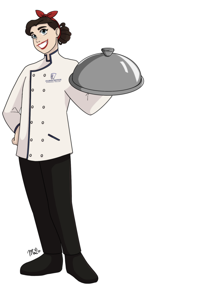 Cartoon chef with a red headband, white chef’s jacket, and black pants stands smiling, holding a covered serving tray in one hand. The chef’s jacket has an embroidered logo on the chest.