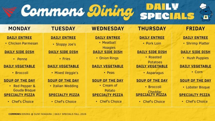Weekly Commons Dining menu with daily specials. Each weekday has a daily entrée, side dish, vegetables, soup of the day, and specialty pizza listed in separate columns from Monday to Friday. Cartoons and bold colors decorate the menu.