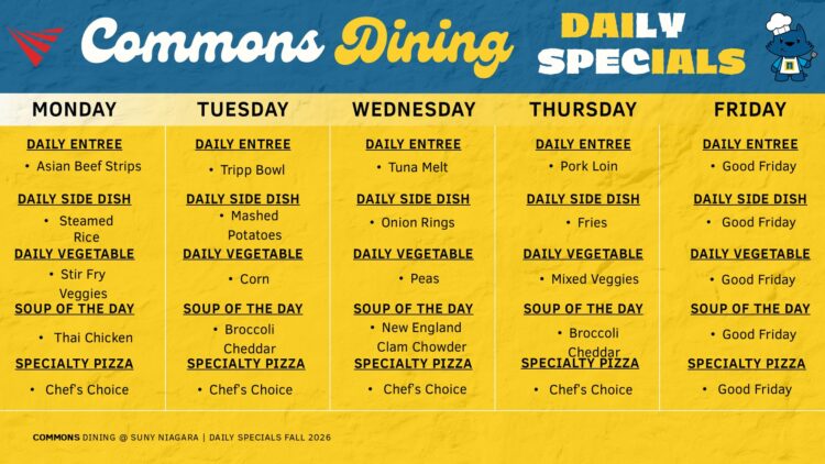 A weekly menu for Commons Dining lists daily specials for each weekday, including entrees, sides, vegetables, soups, and specialty pizzas. Days are color-coded, with illustrated food icons and a bear mascot on the right.