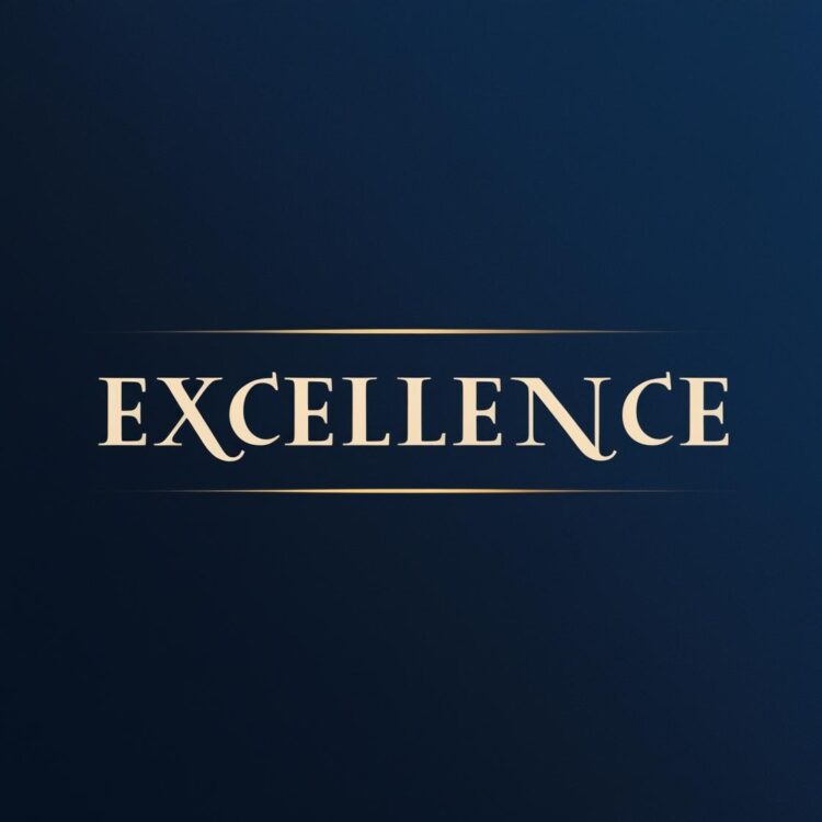 The word EXCELLENCE is displayed in elegant, gold capital letters on a dark blue background, with thin horizontal gold lines above and below the text.