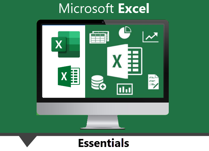 A computer monitor displays Microsoft Excel icons and charts, with Microsoft Excel above and Essentials below, on a green background.