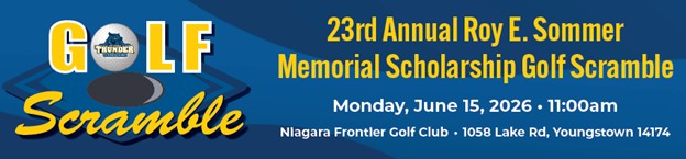 Banner for the 23rd Annual Roy E. Sommer Memorial Scholarship Golf Scramble on June 15, 2026, at 11:00am, at Niagara Frontier Golf Club, 1058 Lake Rd, Youngstown, NY. Blue and yellow design with golf tee graphic.