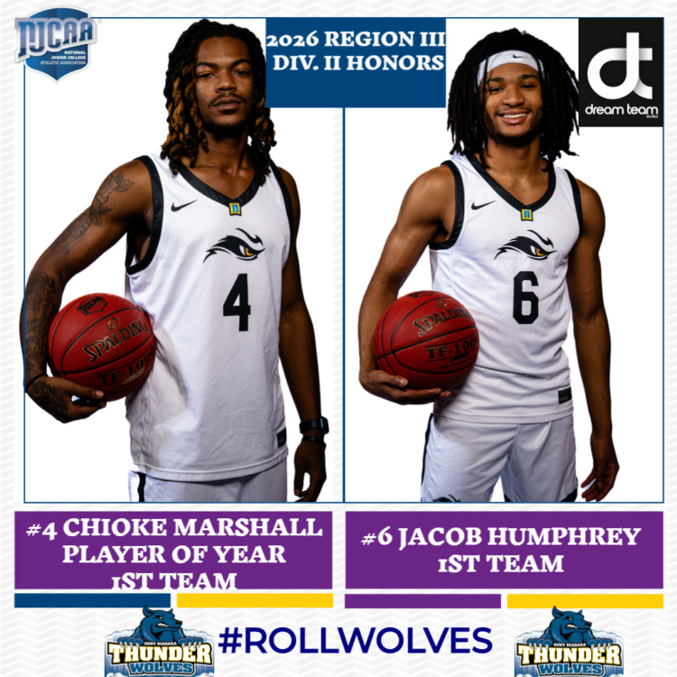 Two basketball players in white Thunder Wolves uniforms pose holding basketballs. Left: #4 Chioke Marshall, named Player of the Year and 1st Team. Right: #6 Jacob Humphrey, also named 1st Team. #ROLLWOLVES is below.
