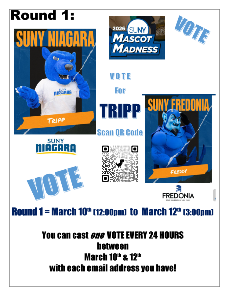 A flyer for the 2026 SUNY Mascot Madness shows SUNY Niagara’s mascot Tripp and SUNY Fredonia’s mascot Freddy. It encourages voting for Tripp with dates March 10–12, and a QR code for voting.