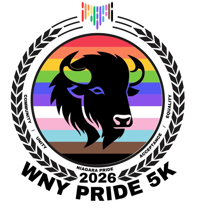 Logo for the 2026 WNY Pride 5K featuring a black buffalo silhouette on a rainbow pride flag background, surrounded by laurel branches and the words “Community, Unity, Acceptance, Equality.”.
