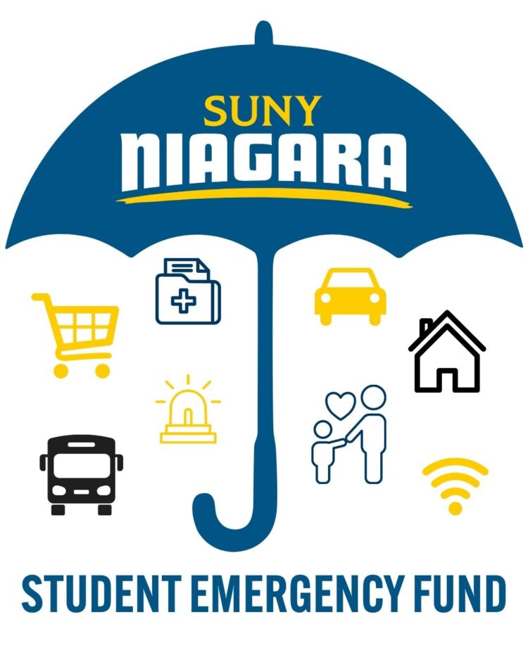 A blue umbrella with SUNY Niagara written on it covers icons for shopping, healthcare, car, home, bus, emergency, family, and wifi. Below, it says Student Emergency Fund.